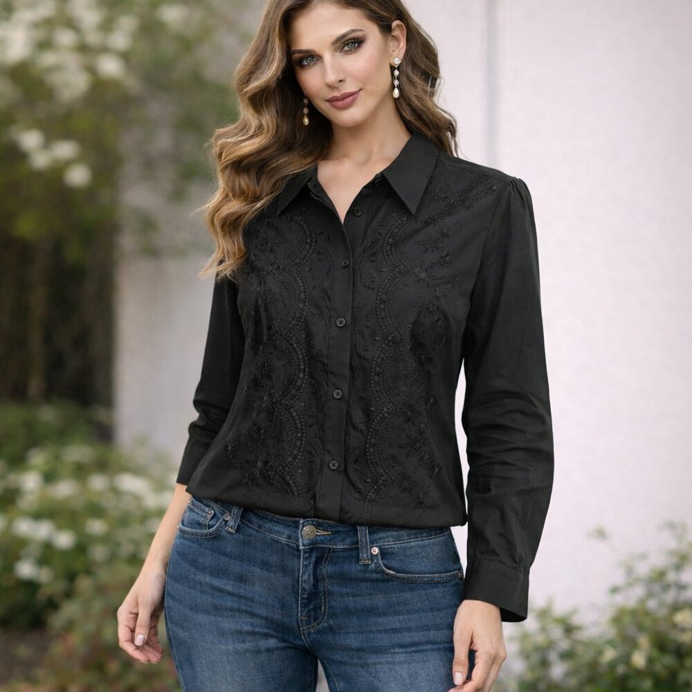 a.n.a Black Embroidered Button-Up Blouse